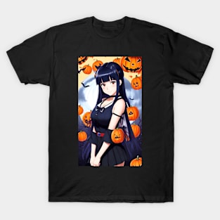 Kawaii Anime Girl Looking Cute With Halloween Pumpkin T-Shirt